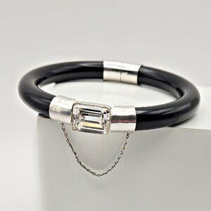 Art Deco Black Onyx Sterling Silver Bangle Bracelet Crystal Center 8” Wrist